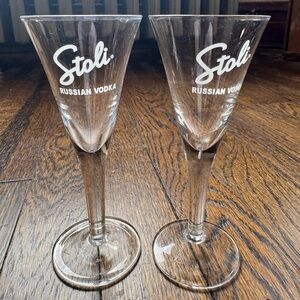 VTG Stoli Russian Vodka Stemmed Shot Glasses 5.75" Tall (Set of 2) Stolichnaya